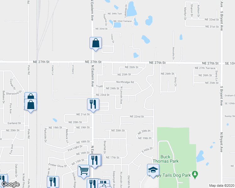 map of restaurants, bars, coffee shops, grocery stores, and more near 1101 Northeast 23rd Street in Moore