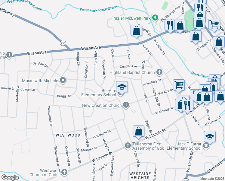 map of restaurants, bars, coffee shops, grocery stores, and more near 721 Westview Avenue in Tullahoma