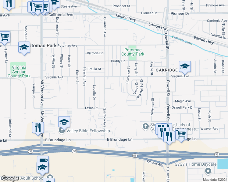 map of restaurants, bars, coffee shops, grocery stores, and more near 2705 Bomark Court in Bakersfield