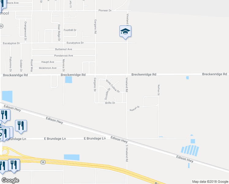 map of restaurants, bars, coffee shops, grocery stores, and more near 9504 Vista Colina Drive in Bakersfield