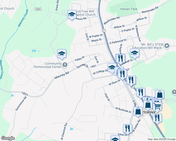map of restaurants, bars, coffee shops, grocery stores, and more near 211 Sunset Drive in Stanley