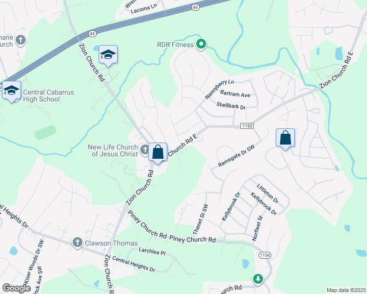 map of restaurants, bars, coffee shops, grocery stores, and more near 843 Zion Church Road East in Concord