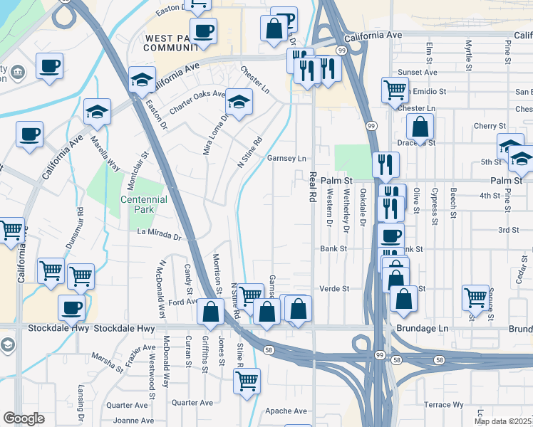 map of restaurants, bars, coffee shops, grocery stores, and more near 345 Garnsey Avenue in Bakersfield