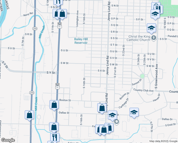 map of restaurants, bars, coffee shops, grocery stores, and more near 1622 South X Street in Fort Smith