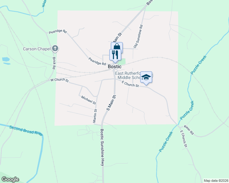 map of restaurants, bars, coffee shops, grocery stores, and more near 159 South Main Street in Bostic