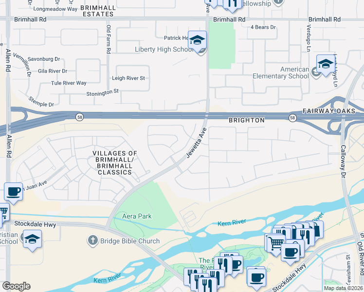 map of restaurants, bars, coffee shops, grocery stores, and more near 331 Hollyhill Drive in Bakersfield