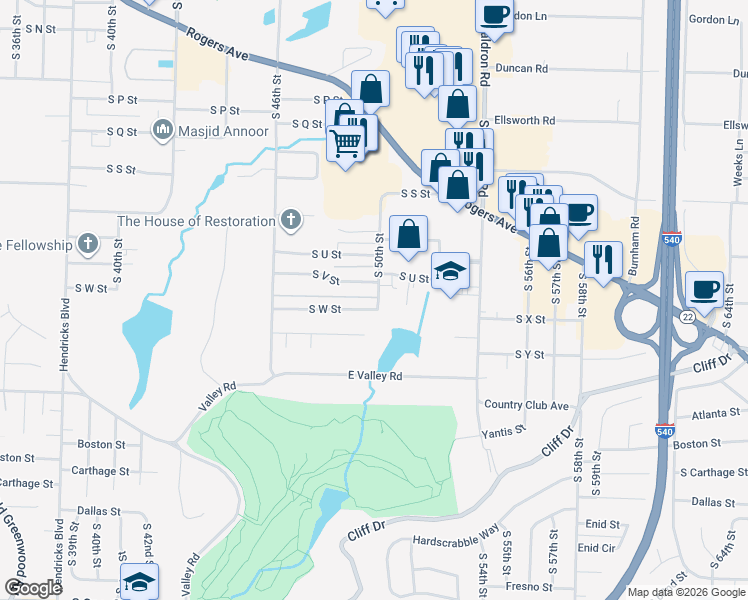 map of restaurants, bars, coffee shops, grocery stores, and more near 2401 South 50th Street in Fort Smith