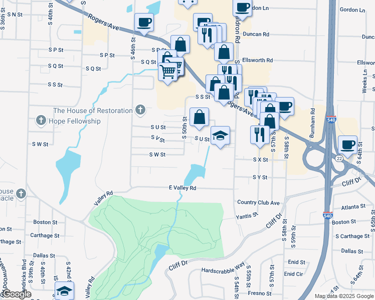 map of restaurants, bars, coffee shops, grocery stores, and more near 2401 South 50th Street in Fort Smith