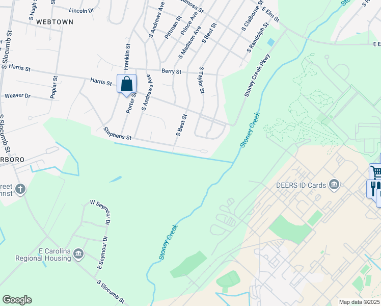 map of restaurants, bars, coffee shops, grocery stores, and more near 1906 Stephens St in Goldsboro