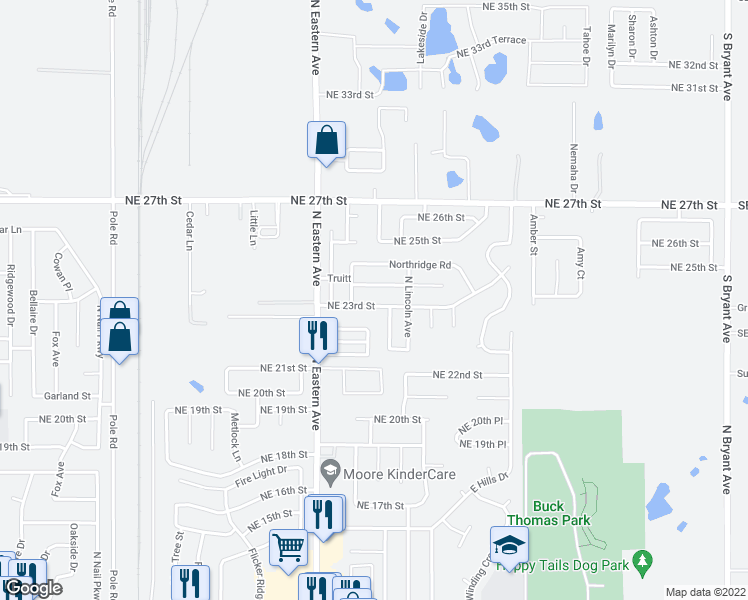 map of restaurants, bars, coffee shops, grocery stores, and more near 1007 Northeast 23rd Street in Moore