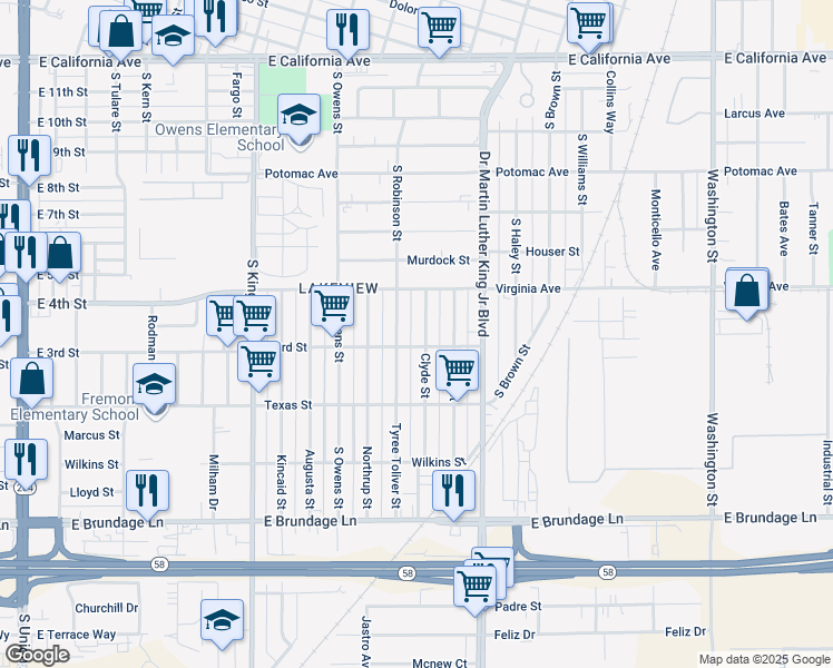 map of restaurants, bars, coffee shops, grocery stores, and more near 302 Clyde Street in Bakersfield