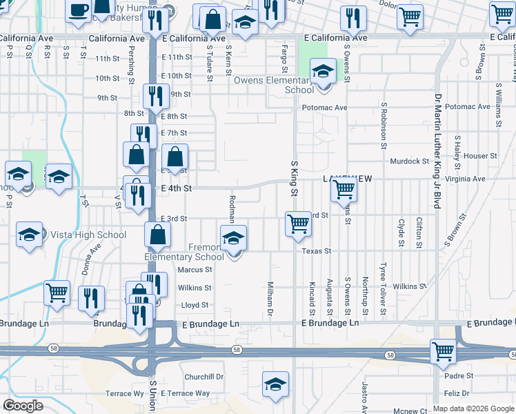 map of restaurants, bars, coffee shops, grocery stores, and more near 636 East 3rd Street in Bakersfield