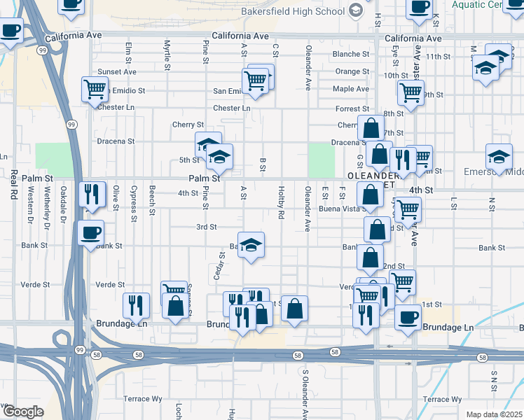 map of restaurants, bars, coffee shops, grocery stores, and more near 2229 Buena Vista Street in Bakersfield