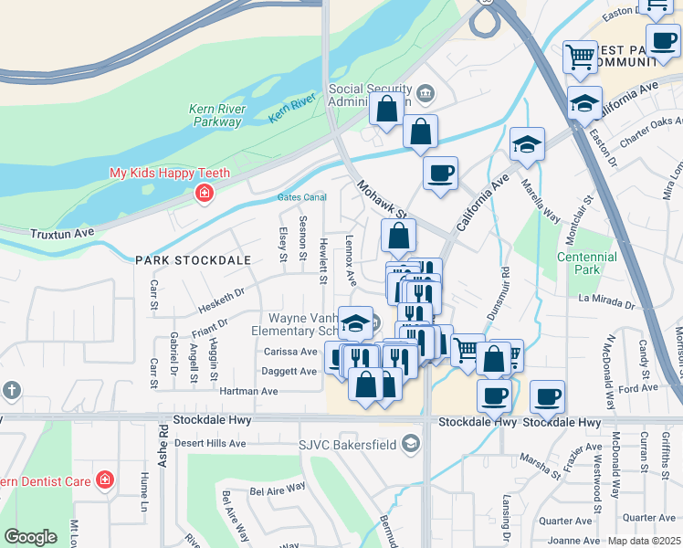 map of restaurants, bars, coffee shops, grocery stores, and more near 604 Hewlett Street in Bakersfield