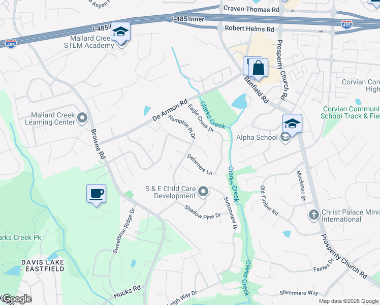 map of restaurants, bars, coffee shops, grocery stores, and more near 8522 Delamere Lane in Charlotte