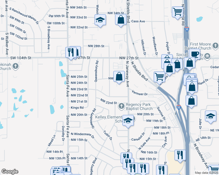 map of restaurants, bars, coffee shops, grocery stores, and more near 2408 Nottingham Way in Moore