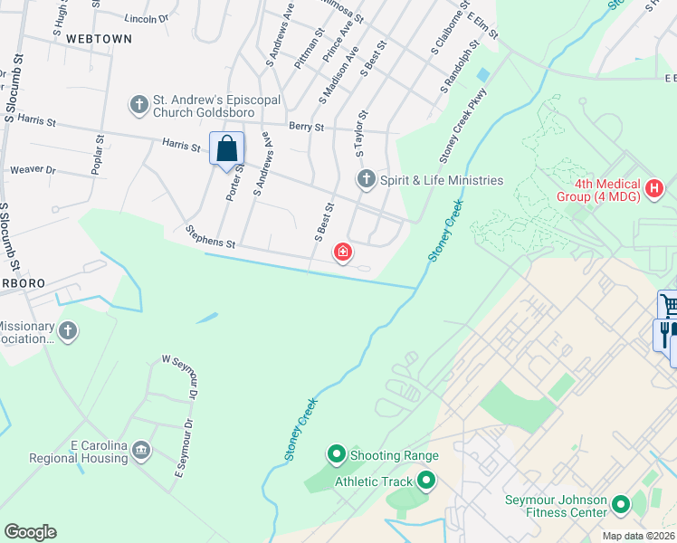 map of restaurants, bars, coffee shops, grocery stores, and more near 1906 Stephens Street in Goldsboro