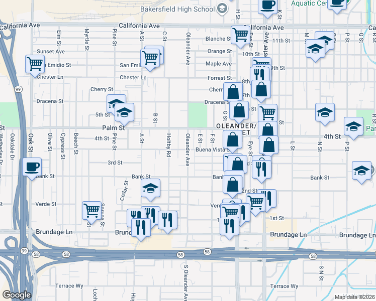 map of restaurants, bars, coffee shops, grocery stores, and more near Oleander Ave & Buena Vista St in Bakersfield