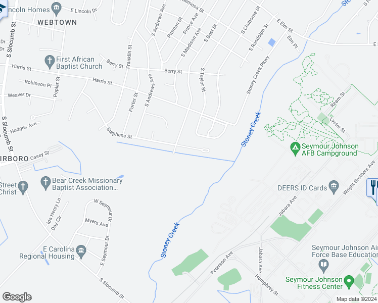 map of restaurants, bars, coffee shops, grocery stores, and more near 1900 Stephens Street in Goldsboro