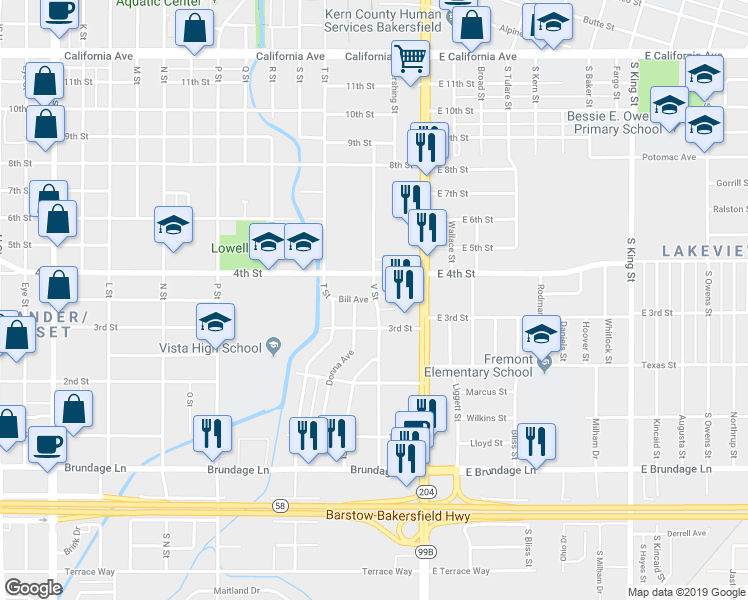 map of restaurants, bars, coffee shops, grocery stores, and more near 307 Bill Avenue in Bakersfield