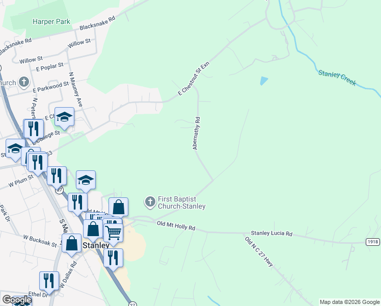map of restaurants, bars, coffee shops, grocery stores, and more near 115 Abernathy Road in Stanley