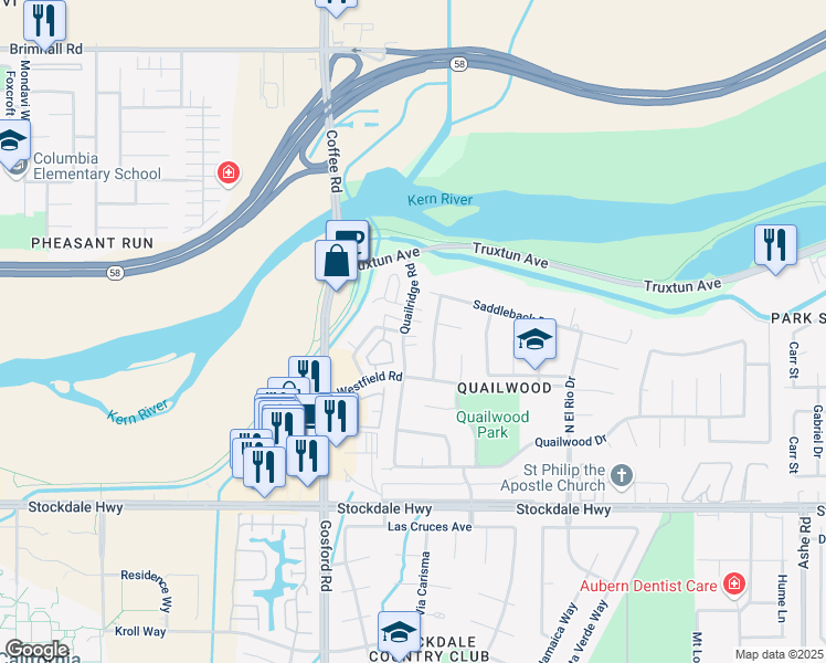 map of restaurants, bars, coffee shops, grocery stores, and more near 7800 Westfield Road in Bakersfield