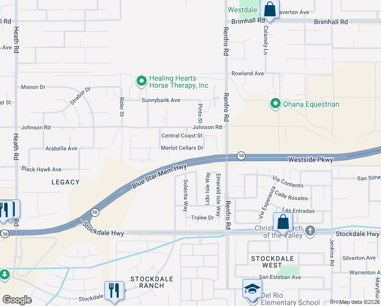 map of restaurants, bars, coffee shops, grocery stores, and more near 14715 Merlot Cellars Drive in Bakersfield