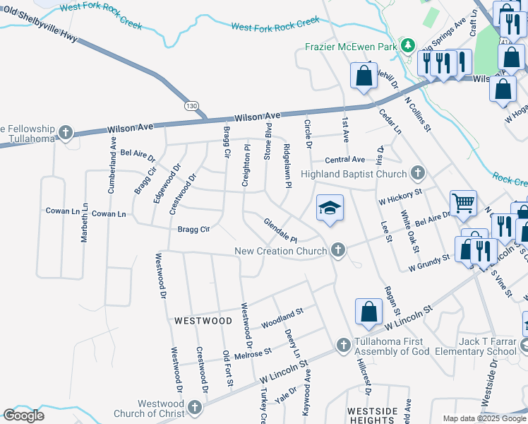 map of restaurants, bars, coffee shops, grocery stores, and more near 608 Glendale Place in Tullahoma