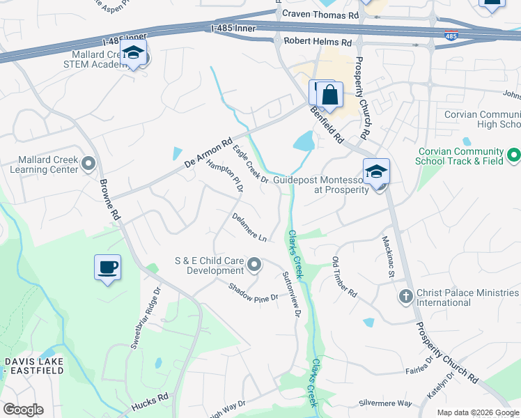 map of restaurants, bars, coffee shops, grocery stores, and more near 8504 Ridgeline Lane in Charlotte
