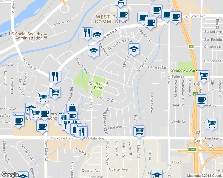 map of restaurants, bars, coffee shops, grocery stores, and more near 4401 Hillsborough Drive in Bakersfield