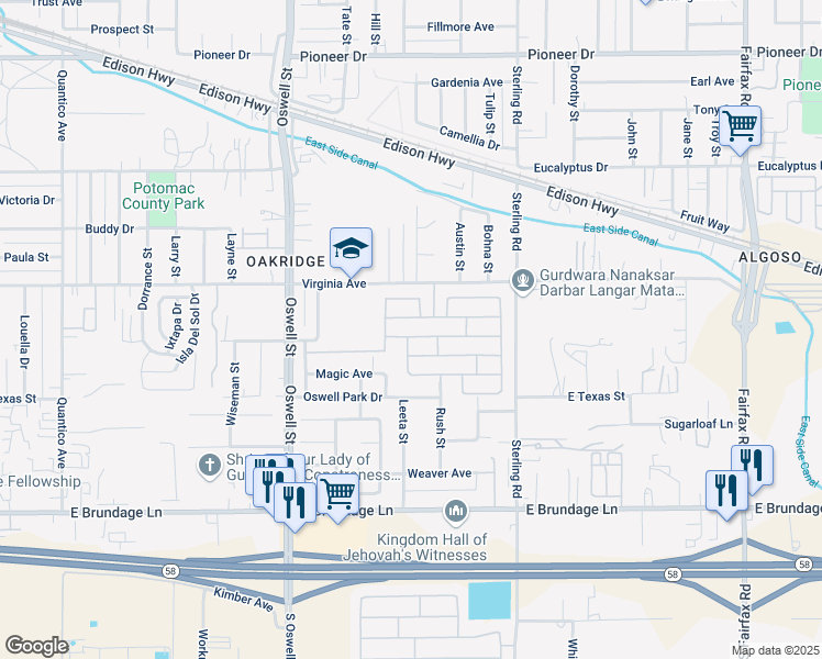 map of restaurants, bars, coffee shops, grocery stores, and more near 5300 Plute Pass Street in Bakersfield