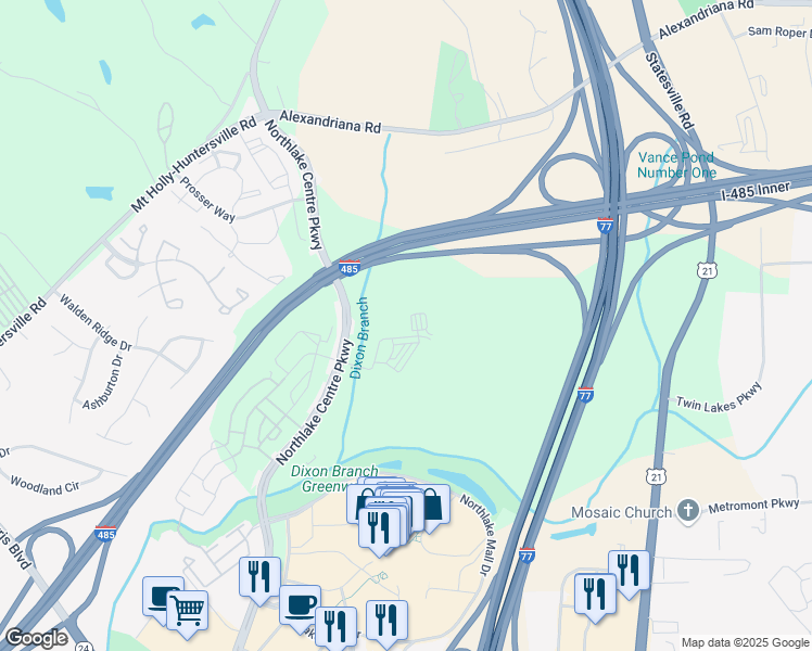 map of restaurants, bars, coffee shops, grocery stores, and more near 10903 Northlake Centre Parkway in Charlotte