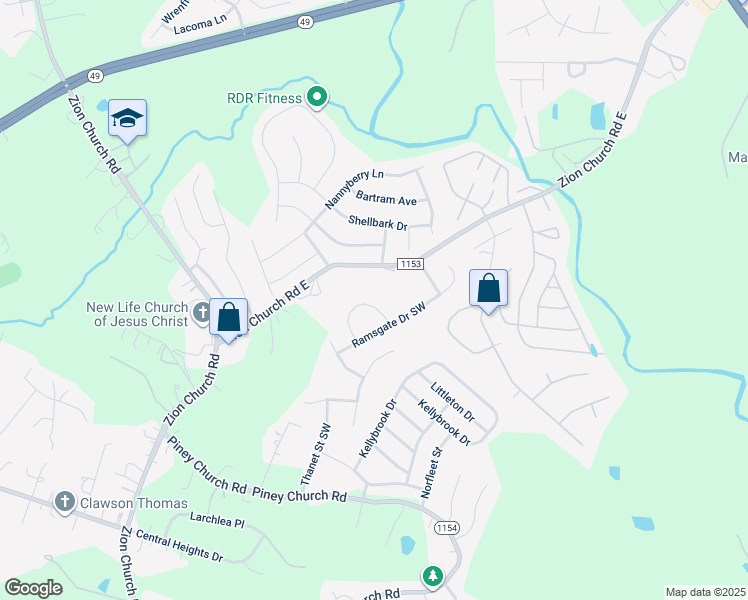 map of restaurants, bars, coffee shops, grocery stores, and more near 4160 Broadstairs Drive Southwest in Concord