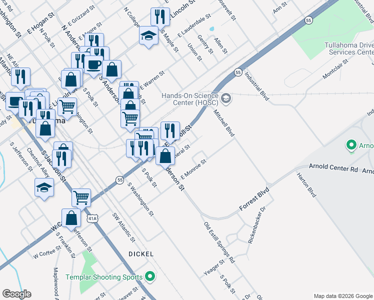 map of restaurants, bars, coffee shops, grocery stores, and more near 505 General Street in Tullahoma