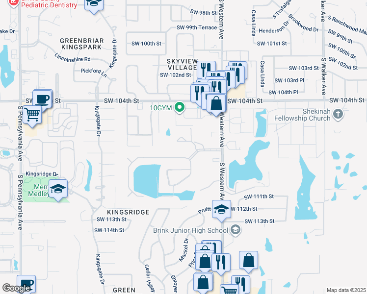 map of restaurants, bars, coffee shops, grocery stores, and more near 1001 Southwest 107th Street in Oklahoma City