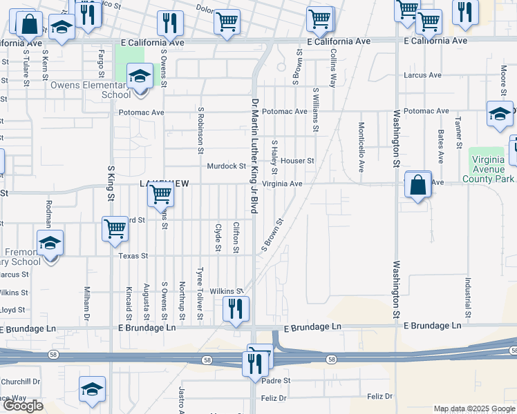 map of restaurants, bars, coffee shops, grocery stores, and more near 315 Doctor Martin Luther King Junior Boulevard in Bakersfield
