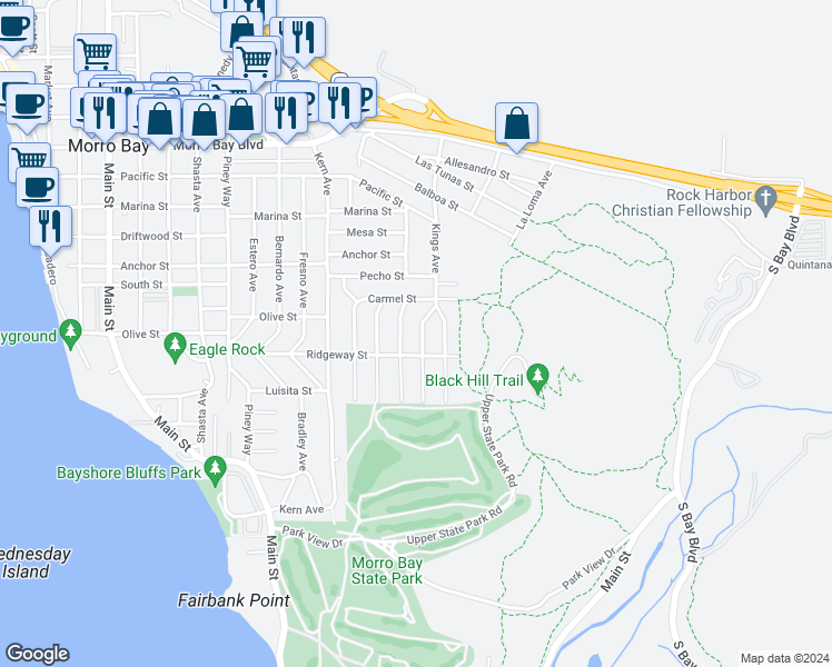map of restaurants, bars, coffee shops, grocery stores, and more near 437 Kings Avenue in Morro Bay