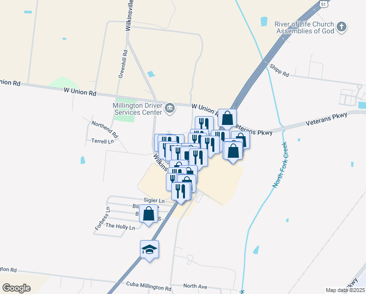 map of restaurants, bars, coffee shops, grocery stores, and more near 8500-8558 Blue Creek Circle in Millington