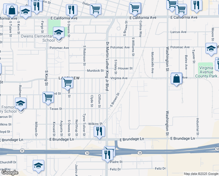 map of restaurants, bars, coffee shops, grocery stores, and more near 315 Doctor Martin Luther King Junior Boulevard in Bakersfield