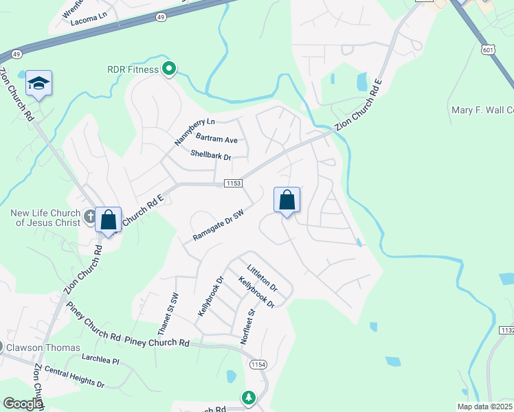 map of restaurants, bars, coffee shops, grocery stores, and more near 945 Ramsgate Drive Southwest in Concord