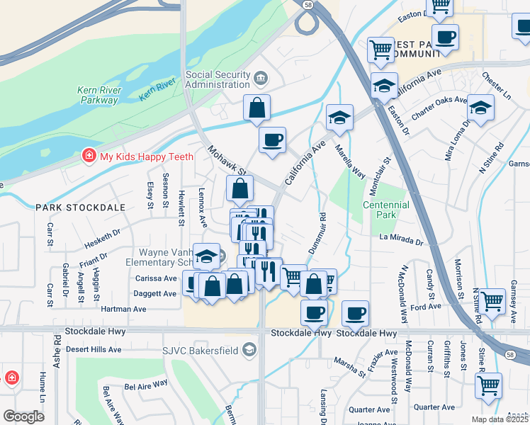 map of restaurants, bars, coffee shops, grocery stores, and more near 5300 California Avenue in Bakersfield
