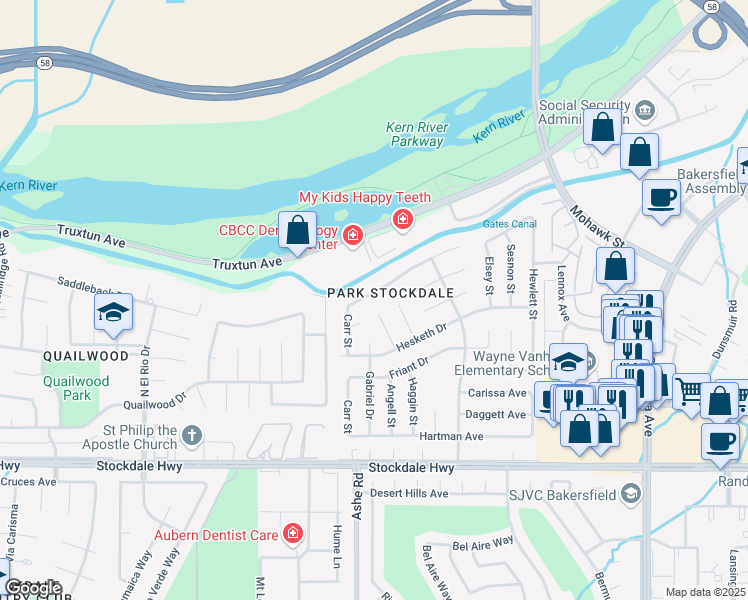 map of restaurants, bars, coffee shops, grocery stores, and more near 6401 Cochran Drive in Bakersfield