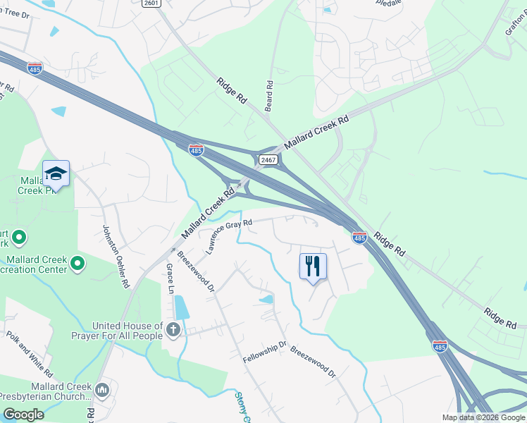 map of restaurants, bars, coffee shops, grocery stores, and more near 2140 Mallard Woods Place in Charlotte