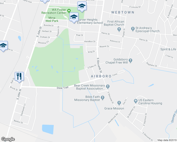 map of restaurants, bars, coffee shops, grocery stores, and more near 1604 Rawlings Street in Goldsboro