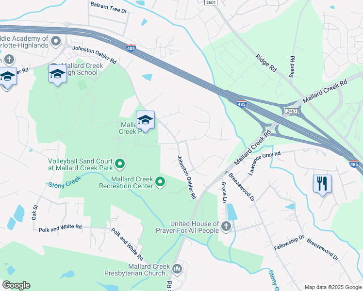 map of restaurants, bars, coffee shops, grocery stores, and more near 11800 Mourning Dove Lane in Charlotte