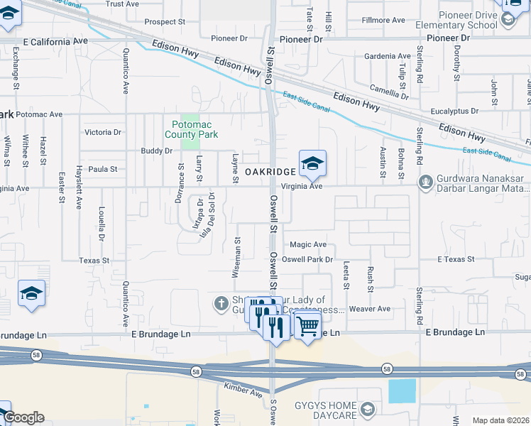 map of restaurants, bars, coffee shops, grocery stores, and more near 236 Oswell Street in Bakersfield