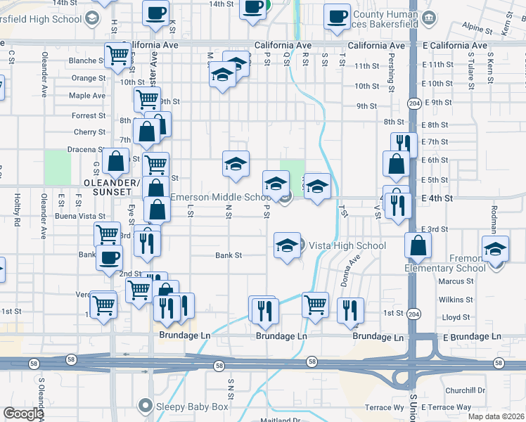 map of restaurants, bars, coffee shops, grocery stores, and more near 105 P Street in Bakersfield