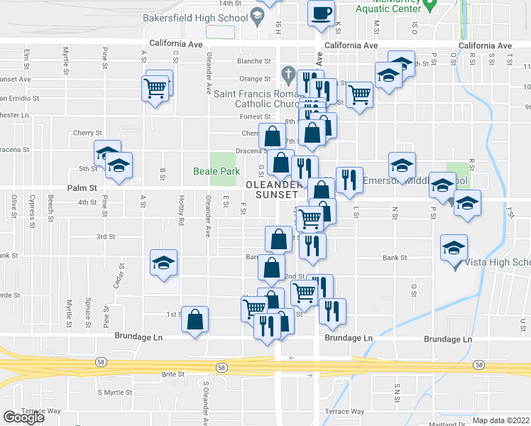 map of restaurants, bars, coffee shops, grocery stores, and more near 1715 Buena Vista Street in Bakersfield
