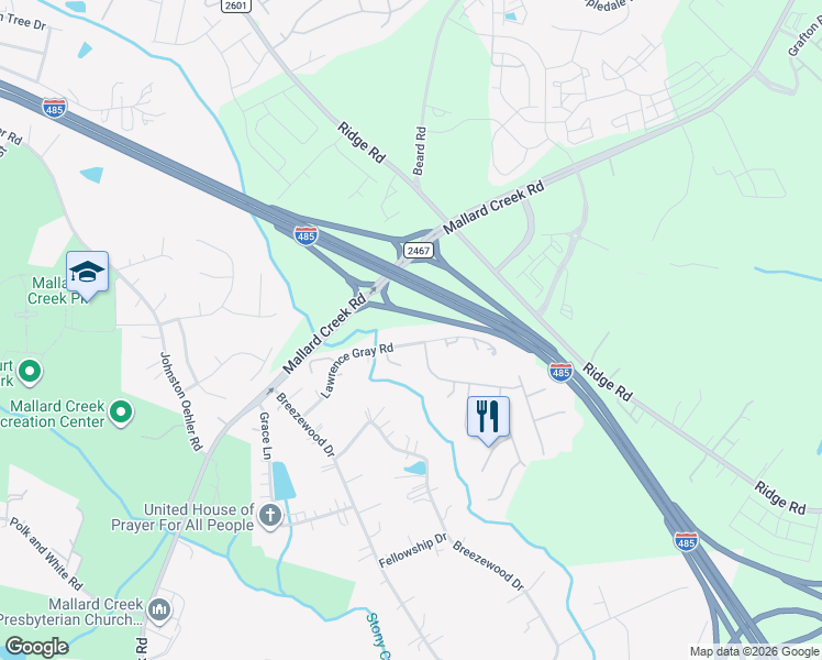map of restaurants, bars, coffee shops, grocery stores, and more near 2140 Mallard Woods Place in Charlotte