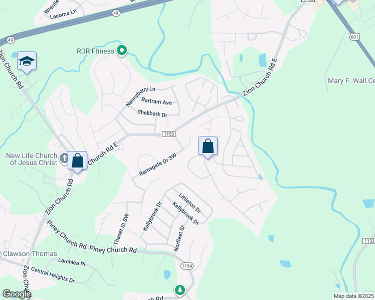 map of restaurants, bars, coffee shops, grocery stores, and more near 945 Ramsgate Drive Southwest in Concord